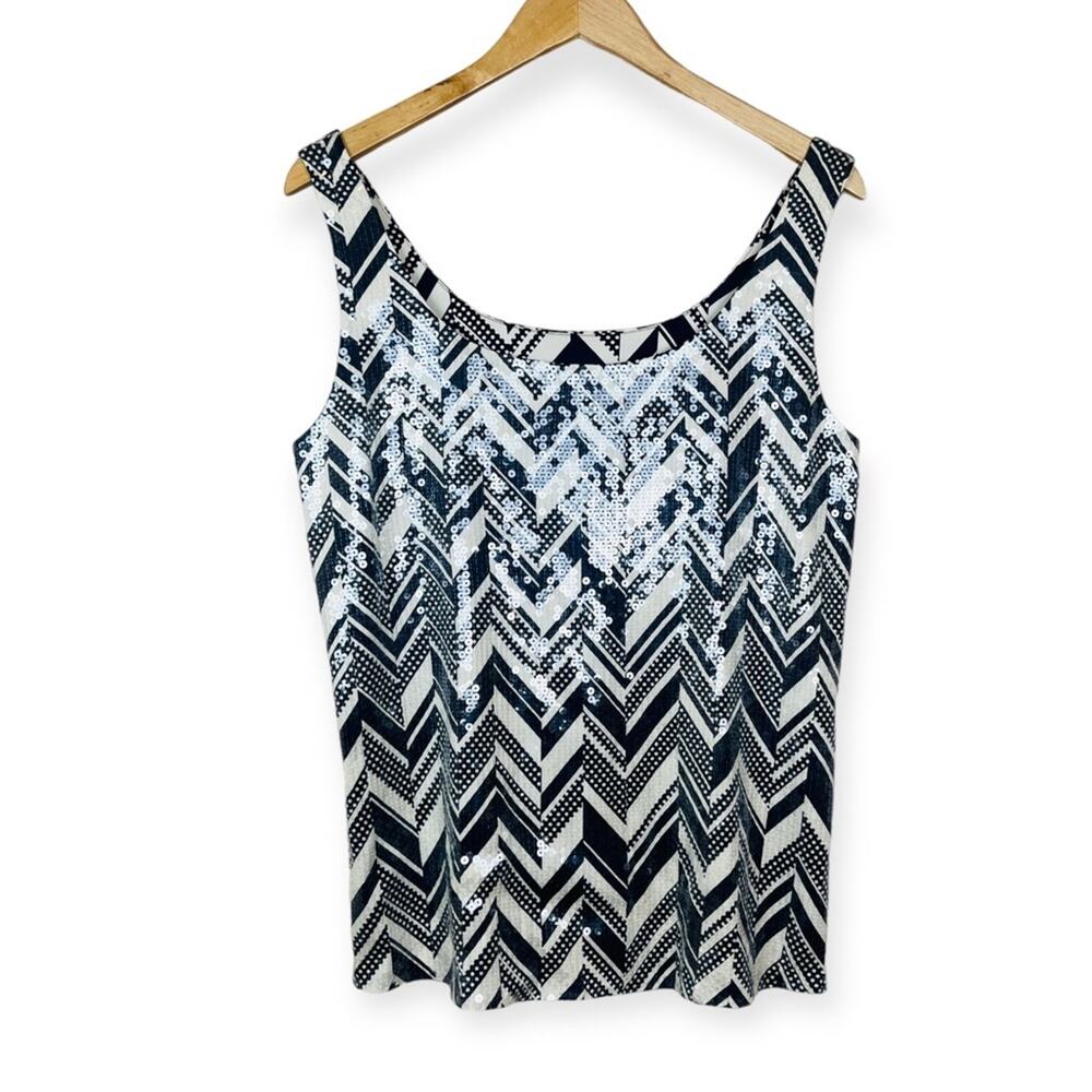 Dana Buchman Silk Chevron Sequin Sleeveless Tank Top Size 10 Monochrome